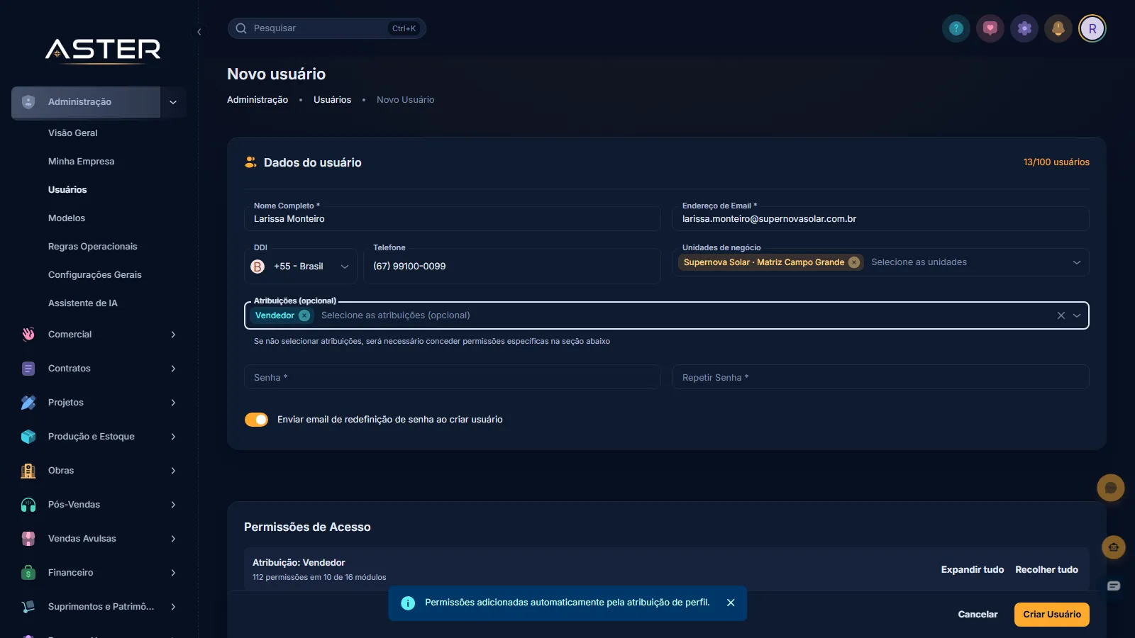 Tela do Aster: formulário Novo Usuário preenchido