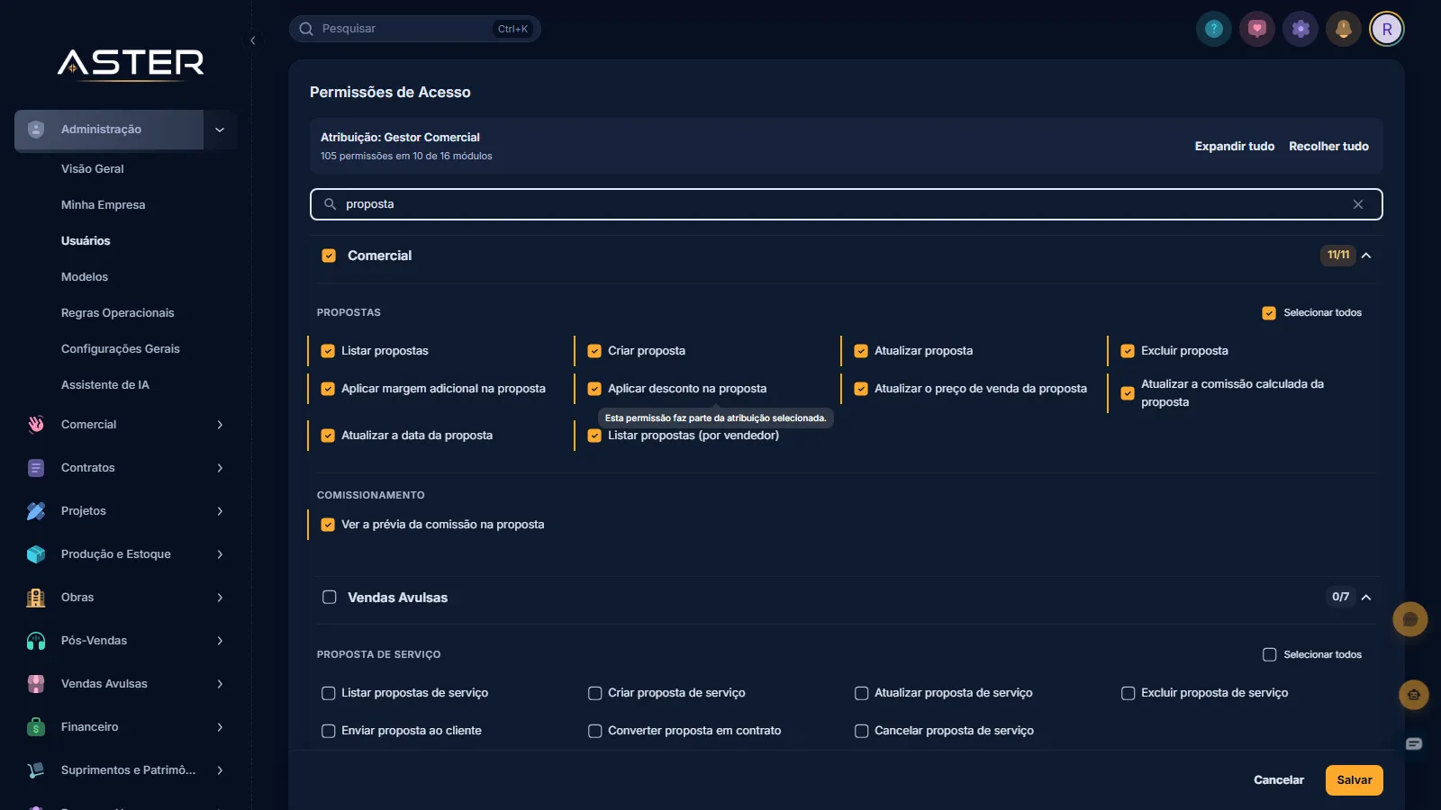 Tela do Aster: árvore de permissões com o filtro em uso