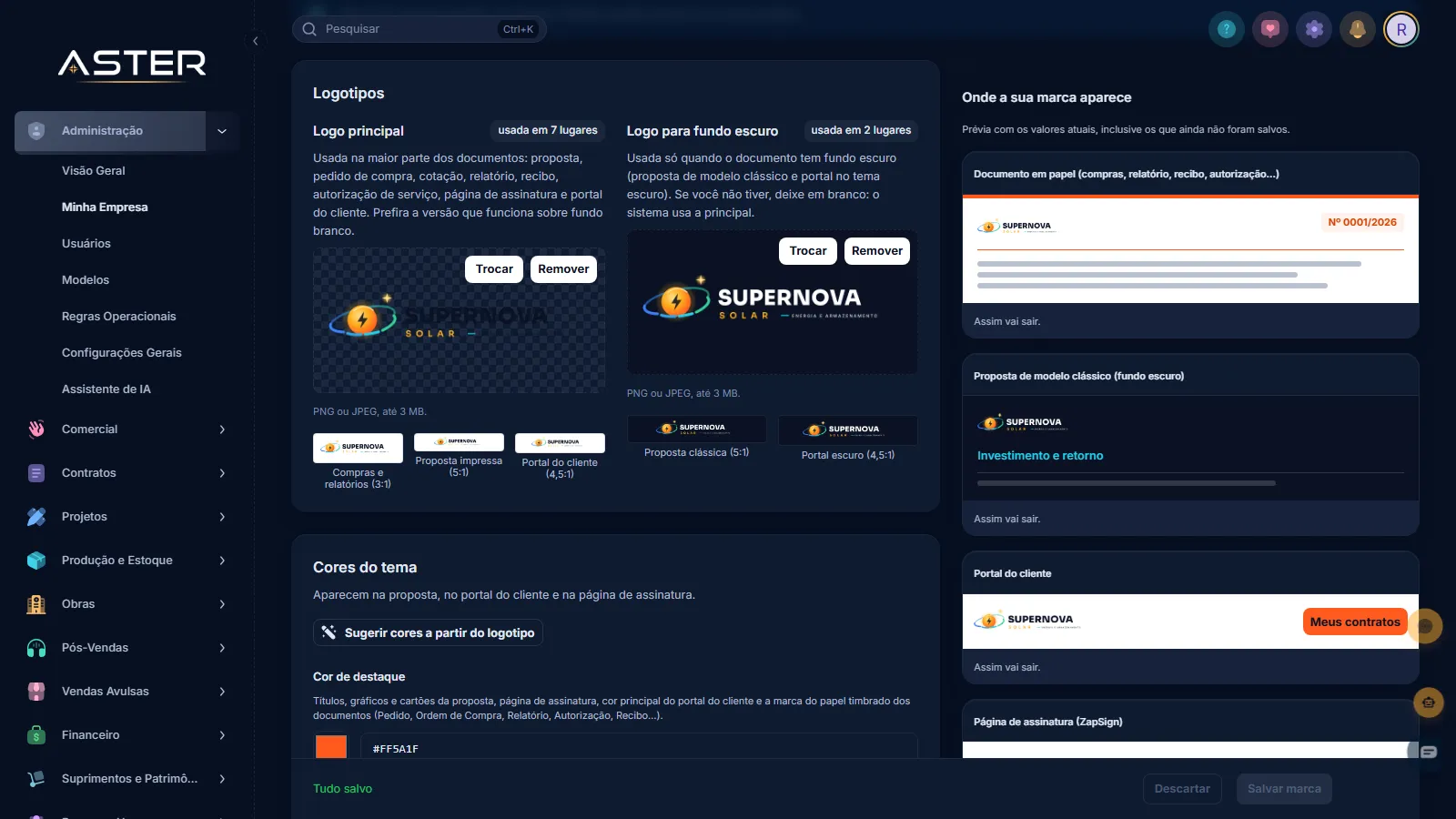 Tela real do Aster, com dados de uma empresa fictícia