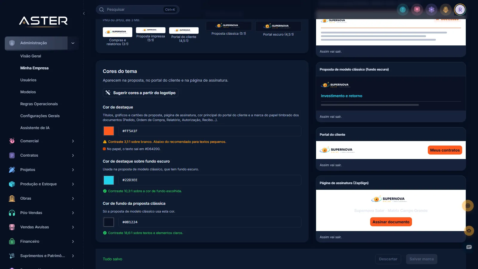 Tela do Aster: bloco Cores do Tema com o botão Buscar da logotipo