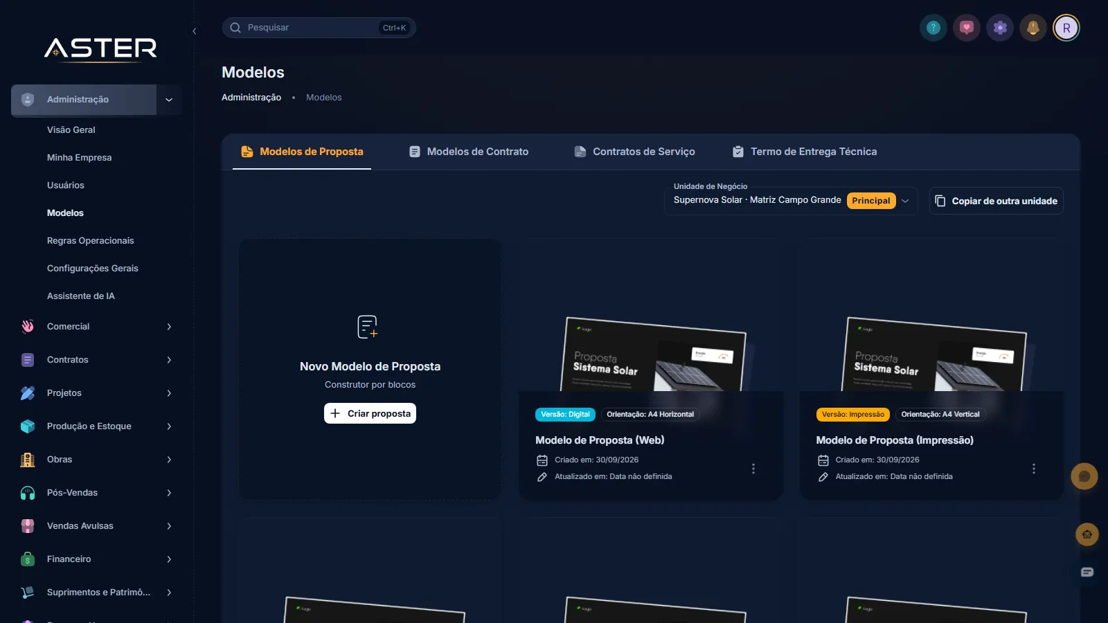 Tela do Aster: Administração › Modelos com as três abas
