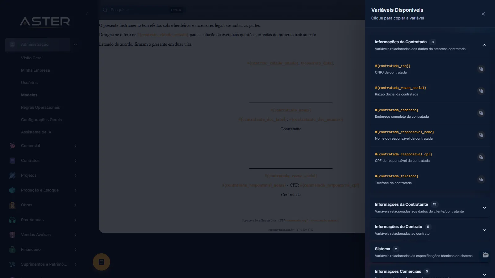 Tela do Aster: painel Ver Variáveis aberto, com os grupos