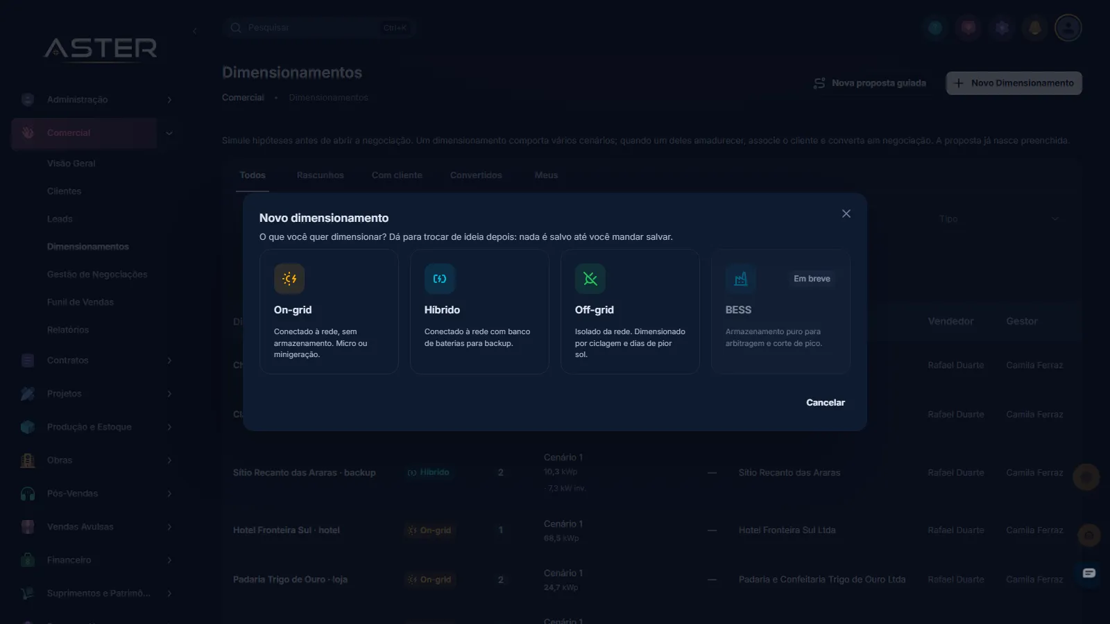 Seletor de topologia no dimensionamento do Aster: on-grid, híbrido e off-grid