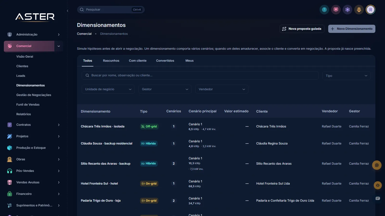 Tela do Aster: lista de dimensionamentos com as abas e a coluna Cenários