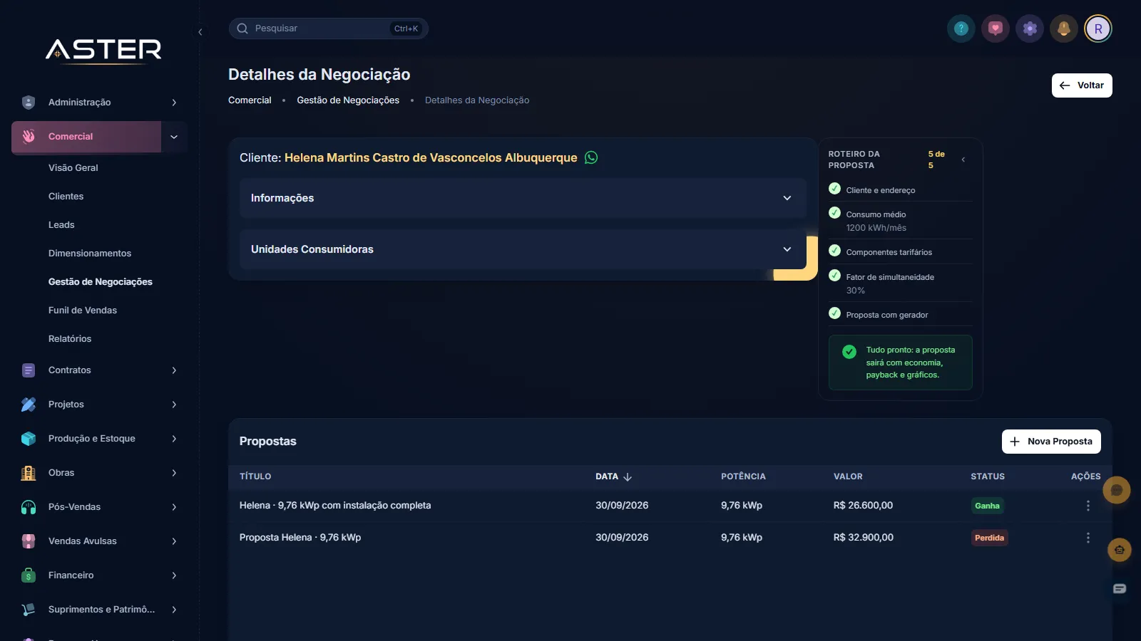 Tela real do Aster, com dados de uma empresa fictícia