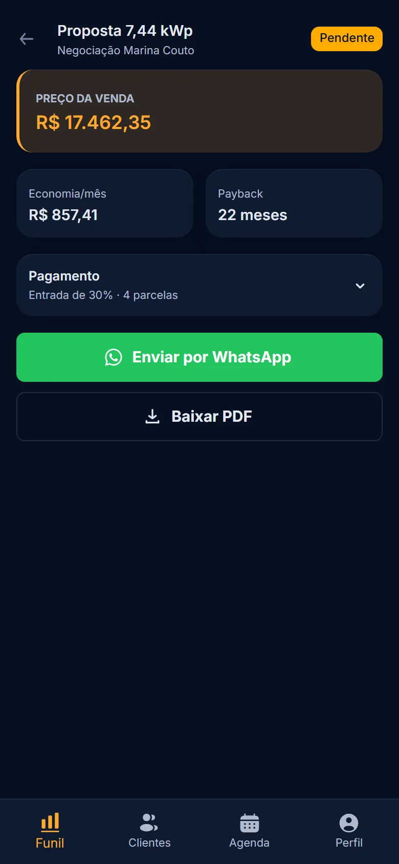 App do Vendedor no celular: proposta com preço da venda, economia por mês, payback e condição de pagamento