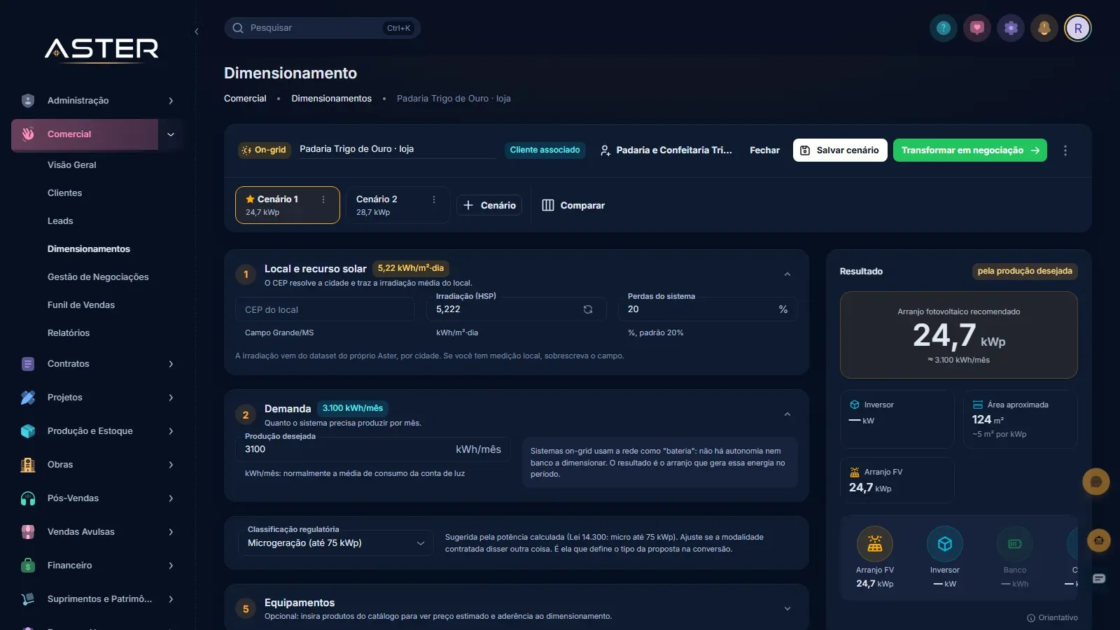 Tela real do Aster: o resultado de um dimensionamento, com potência, inversor e geração
